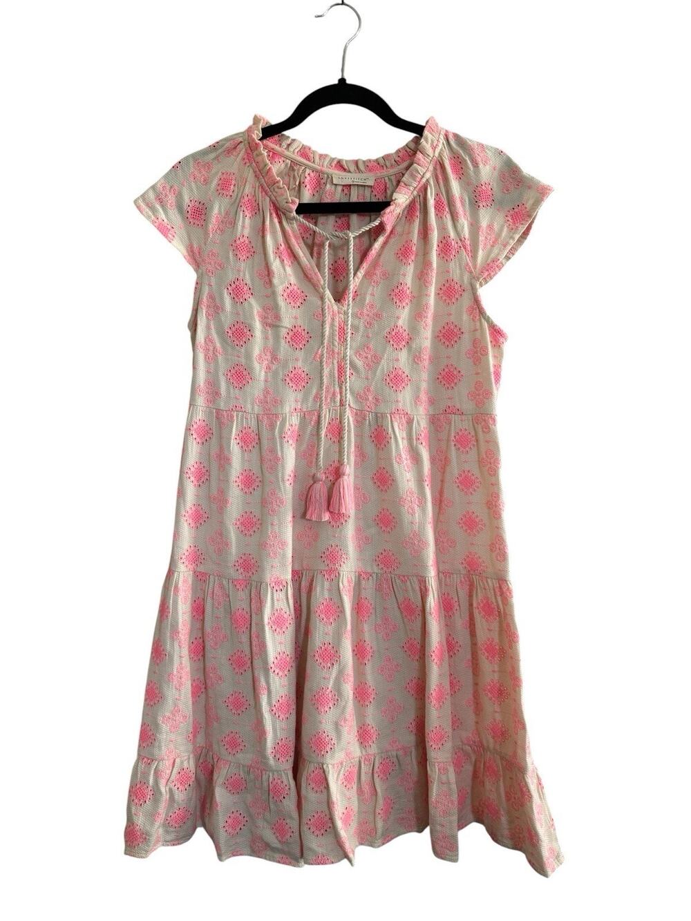 Lovestitch Pink Embroidery Dress Small V-Neck Short sleeve Tiered Boho #NE67